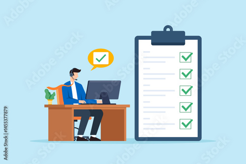 Flat illustration of support specialist checking completed checklist with headset and computer at office desk in customer service task monitoring