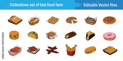 Fast Food Vector Icon Set – Burger, Pizza, Taco, Fries, Donut, Chicken – Editable Clipart Collection .

