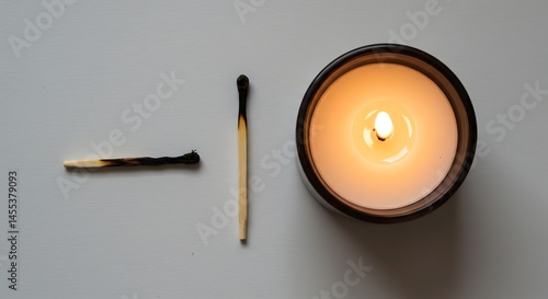 Aerial view of a lit candle next to an unlit match and a used match on a white surface top down