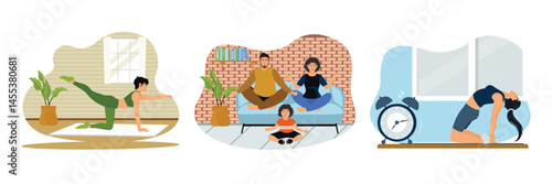 Fitness and health. Happy family doing yoga.Doing morning aerobics and meditation at home.