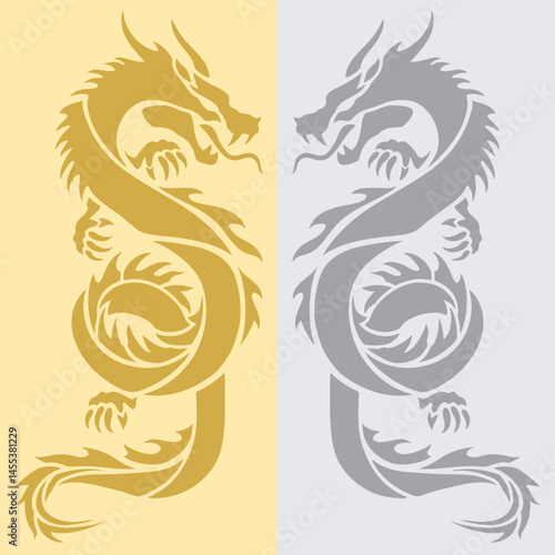 向き合った2頭の龍のシルエット 金銀背景