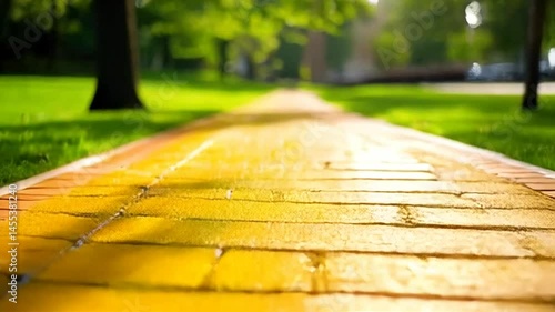 Following a Winding Brick Road Through a Park in Summer