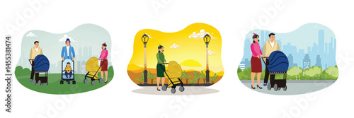 Young parents with baby walking in stroller in city park.