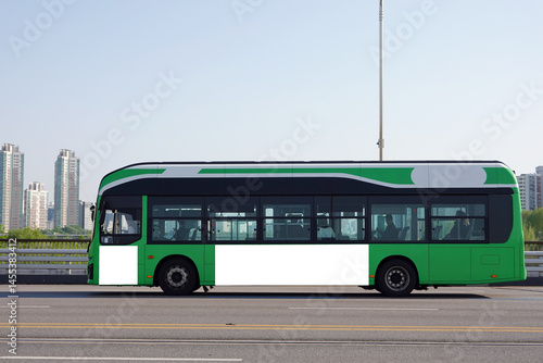 Photography Green bus on the road in Seoul, Bus billboards