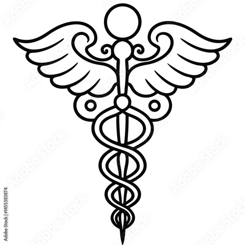 Caduceus Medical Symbol vector Silhouette illustration Line art caduceus with lace inspired curls