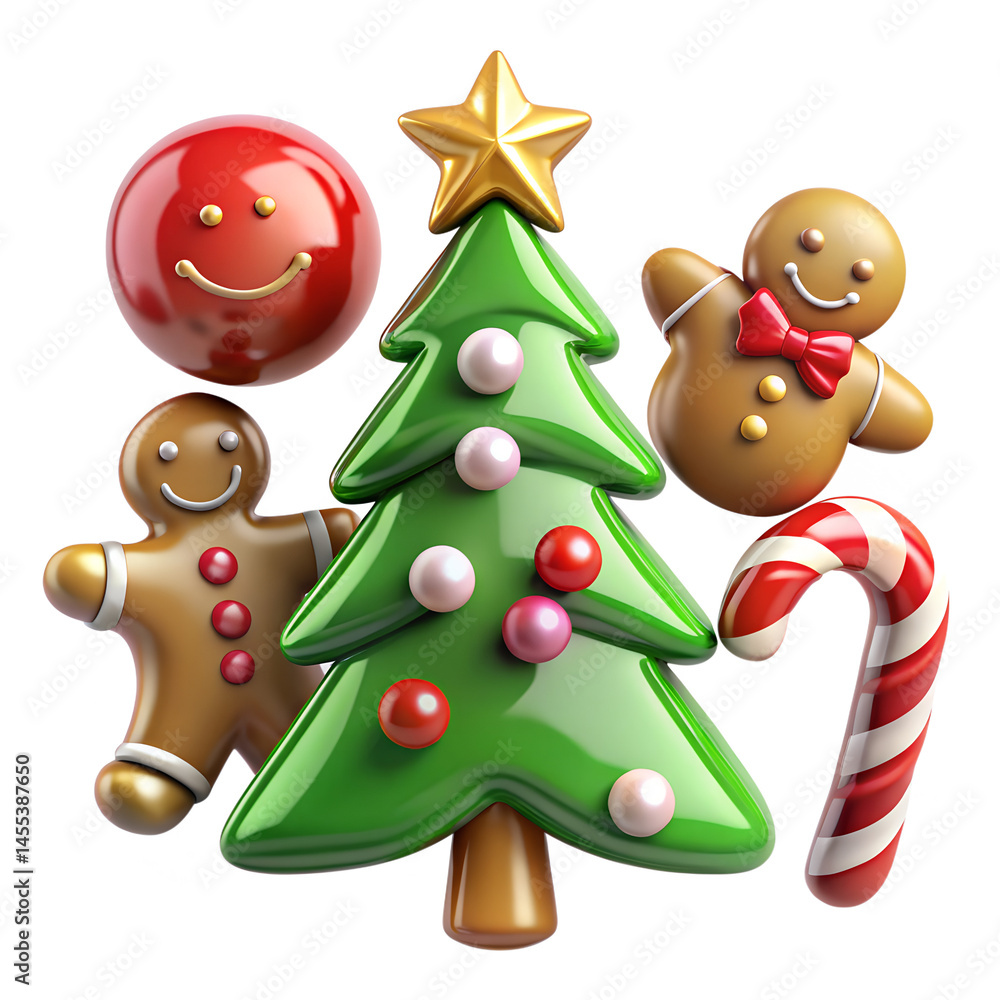 Eight classic collection of shiny, 3D-rendered Christmas icons, including a tree, gingerbread man, and candy cane. Eight classic collection of shiny, 3D-rendered Christmas icons, including a tree, gingerbread man, and candy cane.