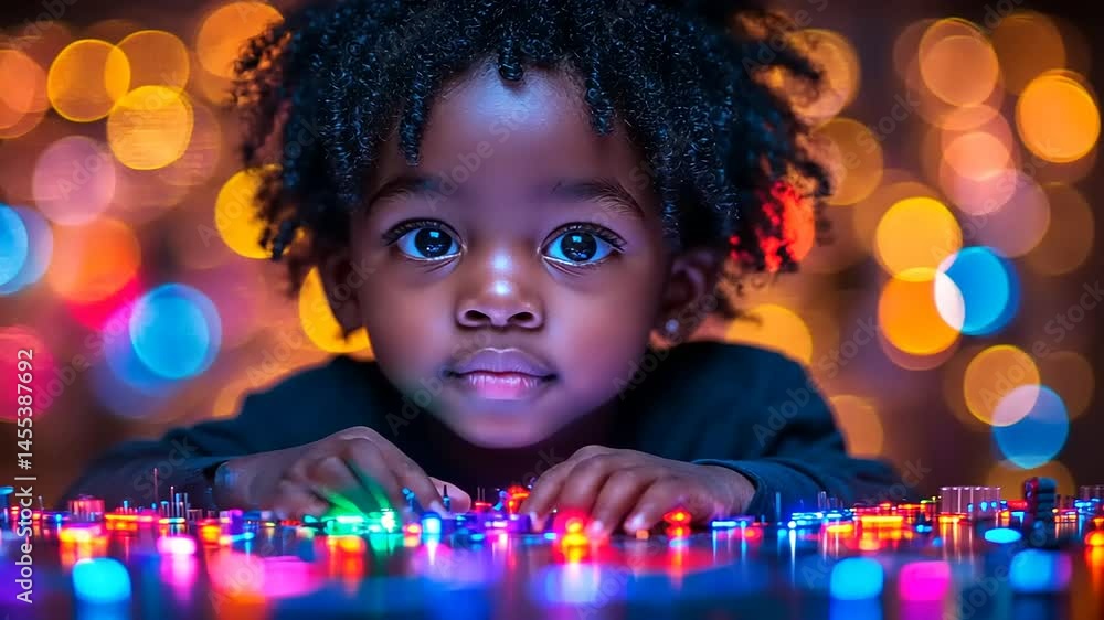 Young child, focused on colorful lights Young child, focused on colorful lights
