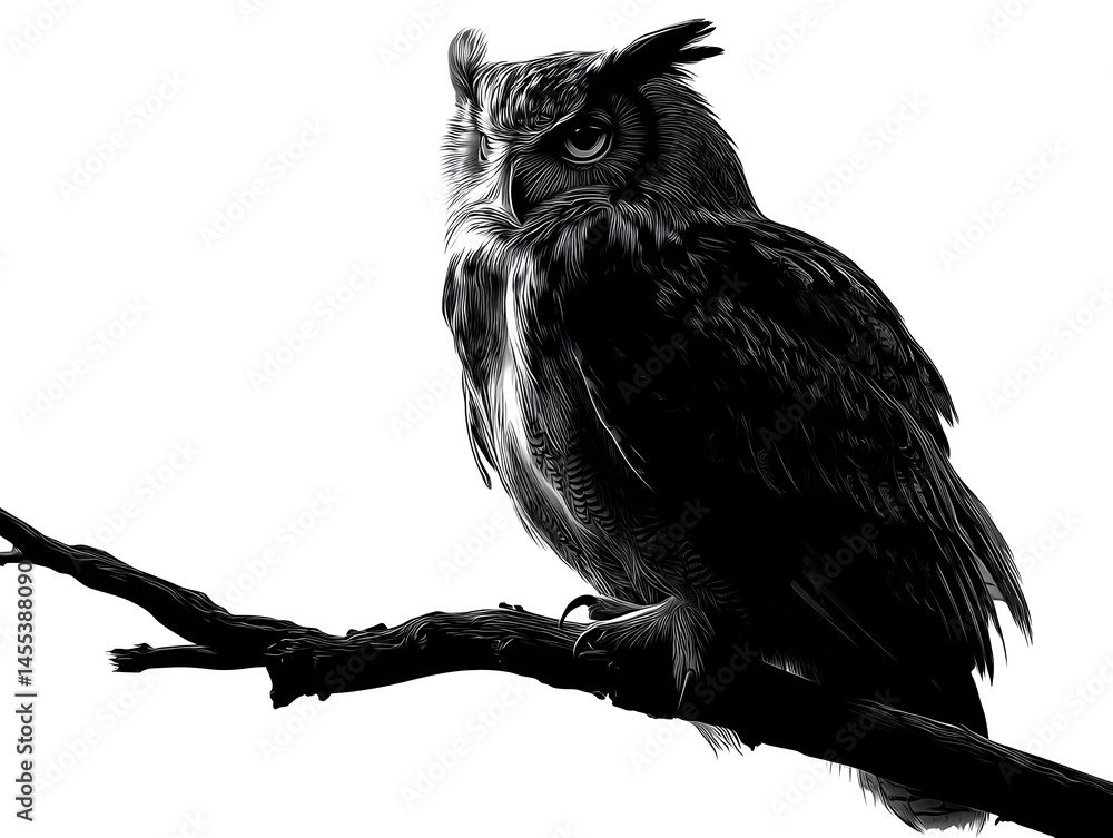 Fototapeta premium A majestic great horned owl perched on a weathered branch stares intently forward in a detailed black and white illustration.