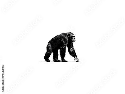 A striking black and white illustration depicts a chimpanzee walking gracefully on a plain white background.