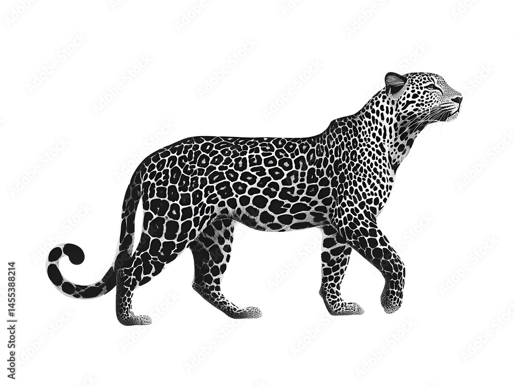 Fototapeta premium A majestic leopard strides elegantly across a pristine white background showcasing its striking black and white spotted coat.