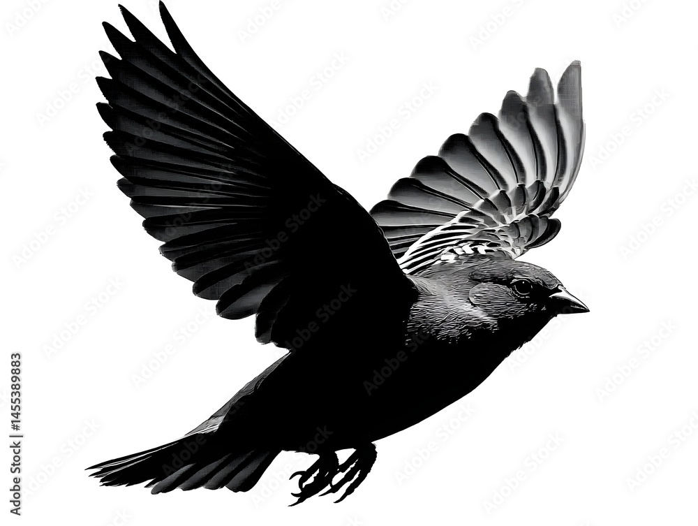 Naklejka premium A majestic black bird with wings outstretched soars gracefully in mid-flight against a stark white background showcasing its powerful flight.