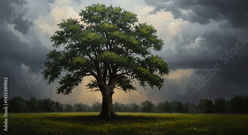 Majestic Oak Under a Dramatic Sky: A Serene Landscape Painting
