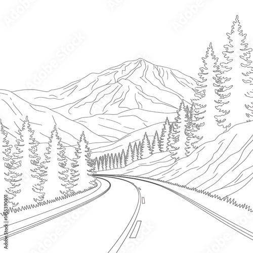 ‎A black and white A road along the mountainside line art of a coloring page