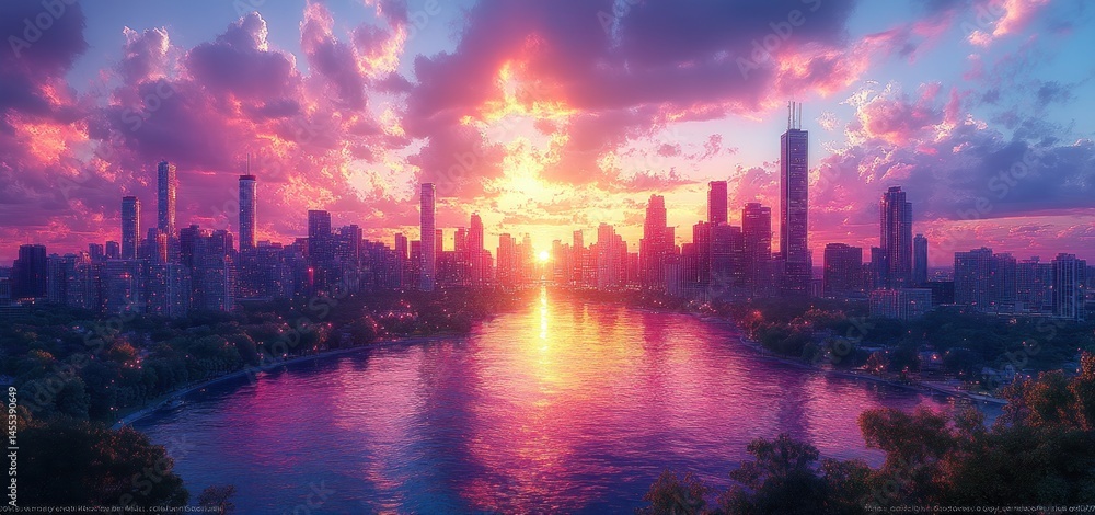 Obraz premium Magical Cityscape at Sunset: A Dreamlike Panorama of Chicago's Skyline