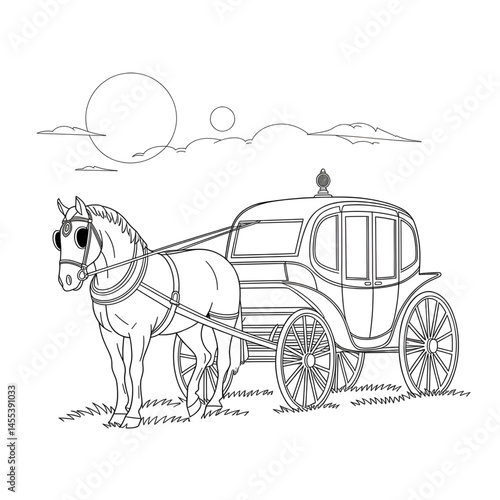 ‎A black and white A horse-drawn carriage line art of a coloring page