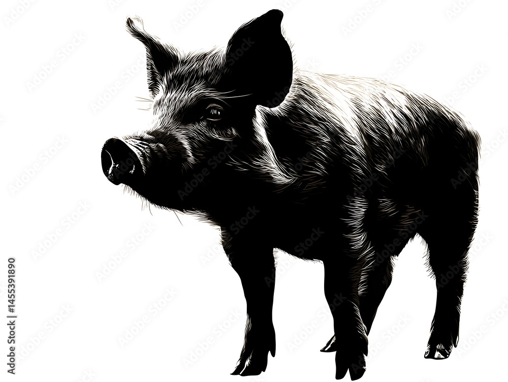A detailed black and white illustration of a pig standing on a white background showcasing its textured fur and expressive features. A detailed black and white illustration of a pig standing on a white background showcasing its textured fur and expressive features.