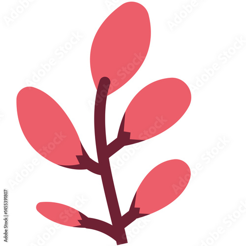 A simple illustration of a plant branch with five red oval-shaped leaves, designed in a modern style. Perfect for botanical, nature-themed, and decorative projects.