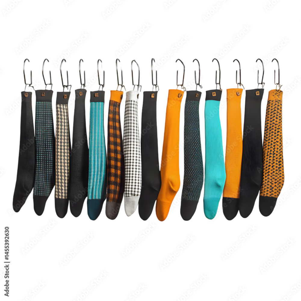 Arrangement of Colorful Socks Hanging on Transparent Background Photo Arrangement of Colorful Socks Hanging on Transparent Background Photo