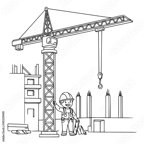construction site with crane and building. coloring page.
