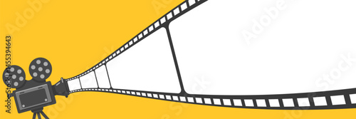 Cinema projector. Movie time. Vintage film camera reel. minimalist flat design vector illustration. Yellow background. Can used for presetation, advertising, marketing, banner, invitation
