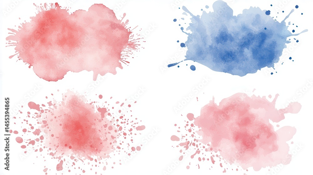 Obraz premium Abstract Watercolor Splashes Pink Red and Blue Paint Blots