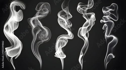 A series of smokey, long, white smoke trails. The smoke is coming from a variety of sources, including a cigarette, a candle, and a fire. The smoke is thick and billowing