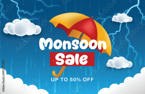 Monsoon banner sale with 3d clouds lightning