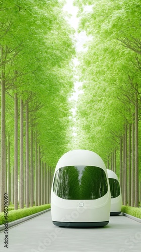 Futuristic White Eco-Friendly Vehicles Traveling Through Lush Green Tree Tunnel
