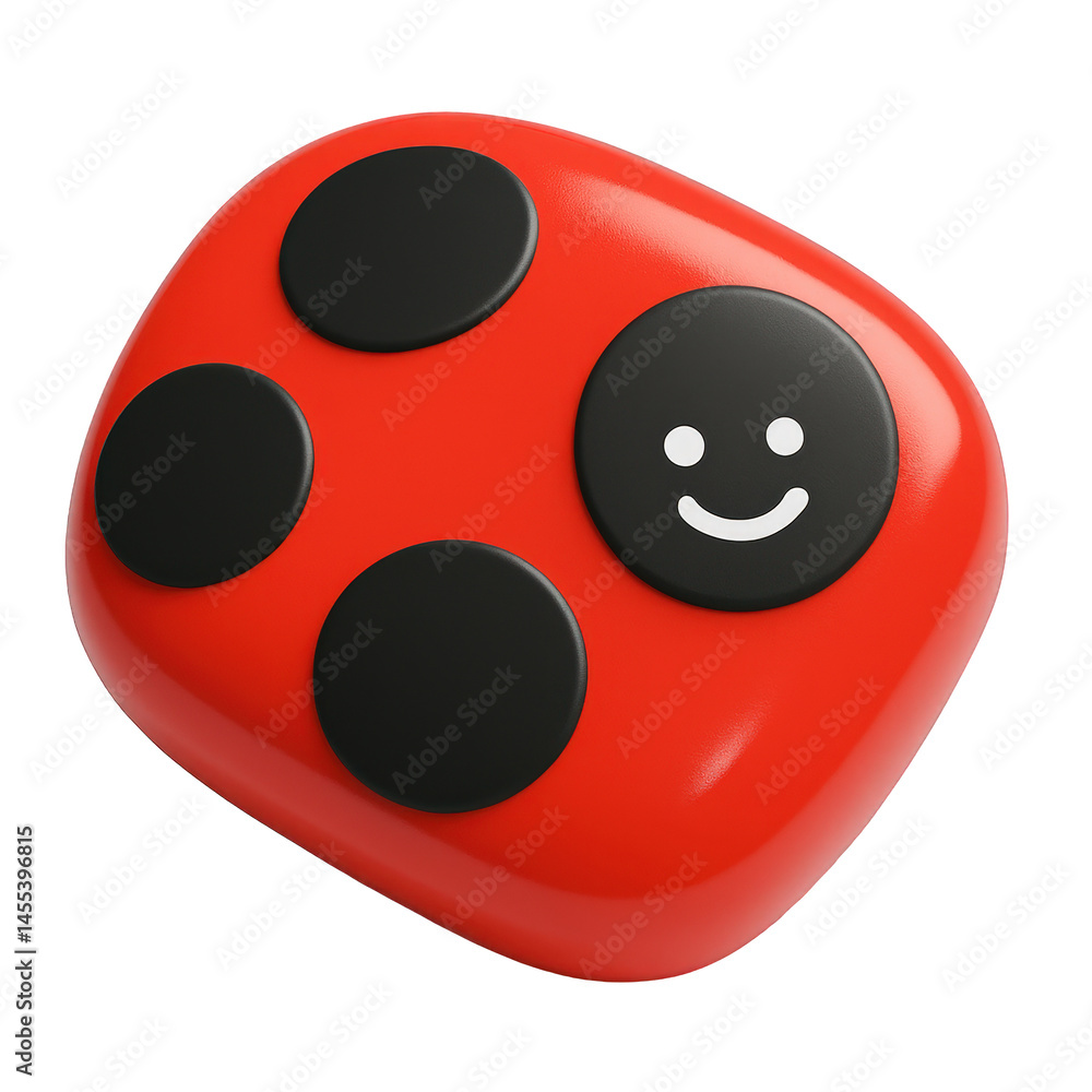 Fototapeta premium Glossy red smiling pebble with black dots, rendered in a smooth, cheerful 3D style.