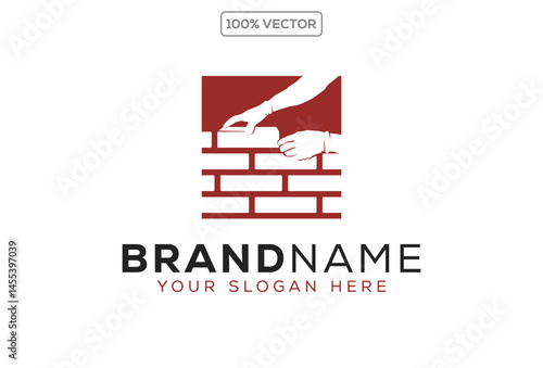 Vector illustration of hand holding trowel with brick symbol for bricklayer logo vector