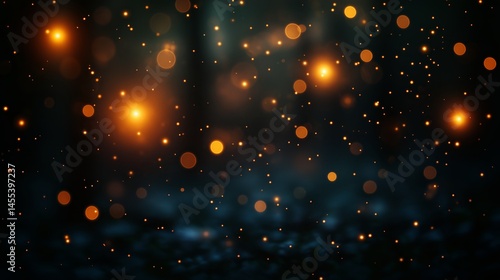 Enchanted Forest Night: A mystical scene of glowing orbs and particles floating in a dark forest at night, creating a magical, ethereal atmosphere.