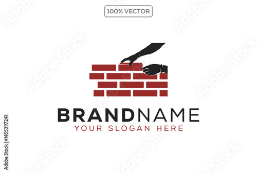 Vector illustration of hand holding trowel with brick symbol for bricklayer logo
