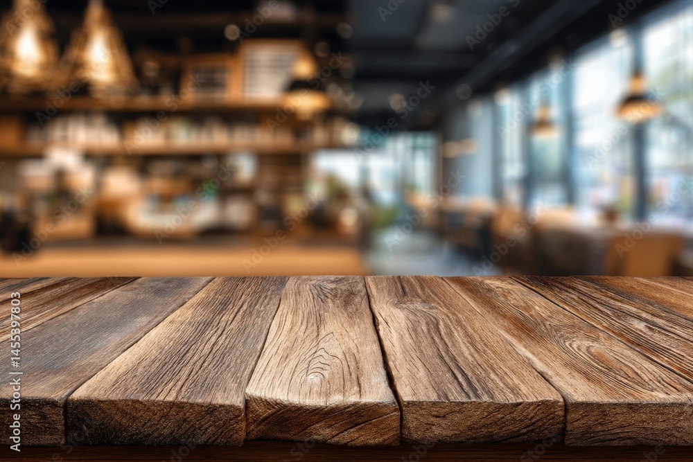 Rustic wooden table in a blurred cafe background. Perfect for product display or food photography. Rustic wooden table in a blurred cafe background. Perfect for product display or food photography.