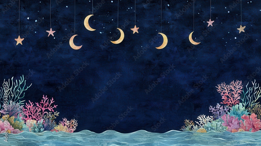custom made wallpaper toronto digitalSerene Night Seascape with Hanging Moons and Stars