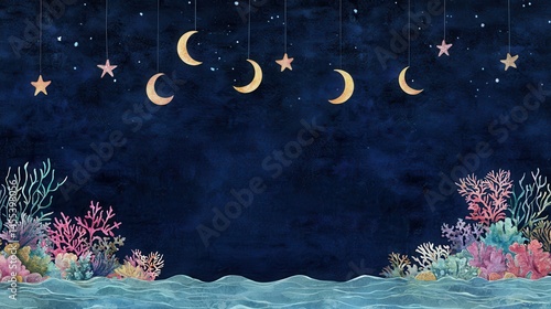 Wallpaper Mural Serene Night Seascape with Hanging Moons and Stars Torontodigital.ca