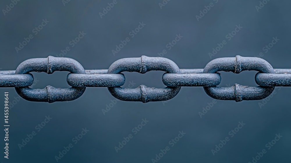 Fototapeta premium A close-up image of a metallic chain with visible texture, set against a blurred blue background.