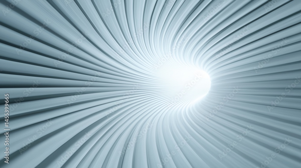 Obraz premium A futuristic, abstract tunnel with curved, metallic lines converging toward a bright central point.