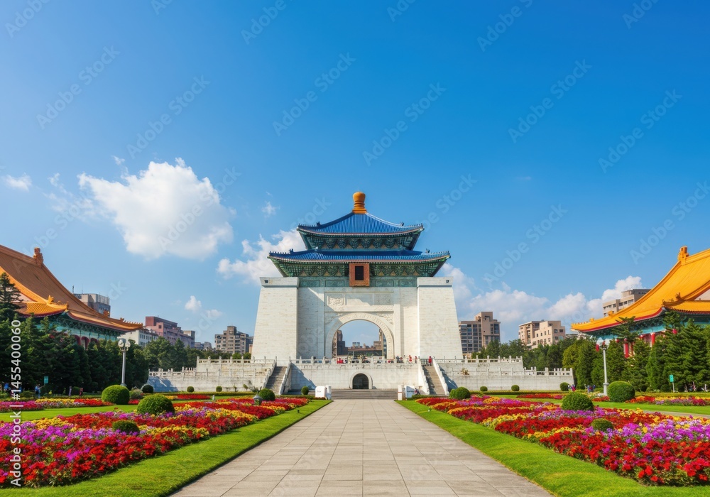 Fototapeta premium Chiang kai shek memorial hall with flower gardens and clear blue sky in taipei