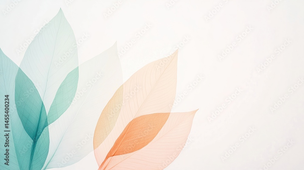 Fototapeta premium Delicate, translucent leaves in pastel shades create a minimalist, elegant botanical composition on a light background.