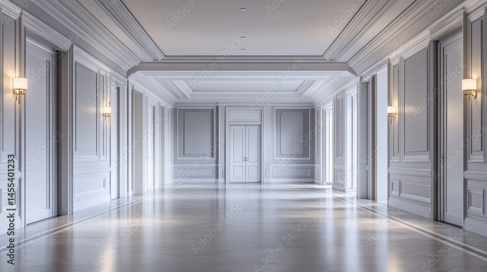 Elegant, empty hallway with ornate moldings and lighting fixtures. Elegant, empty hallway with ornate moldings and lighting fixtures.