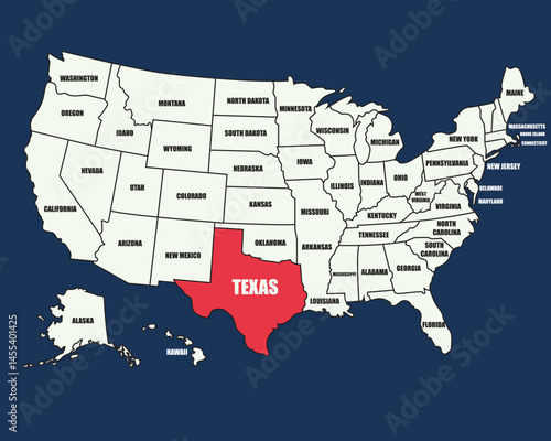 USA map illustration with labeled states, highlighting Texas in bold, perfect for education and geography use