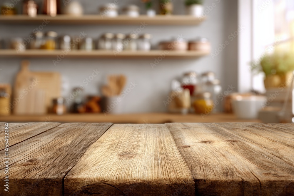 Rustic wooden table in a blurred kitchen setting. Warm, inviting atmosphere. Rustic wooden table in a blurred kitchen setting. Warm, inviting atmosphere.