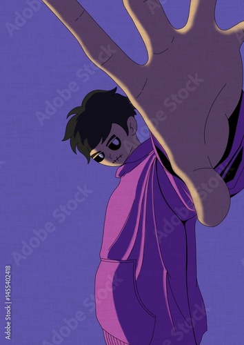 Dynamic Anime Character in Purple Hoodie with Confident Hand Gesture
