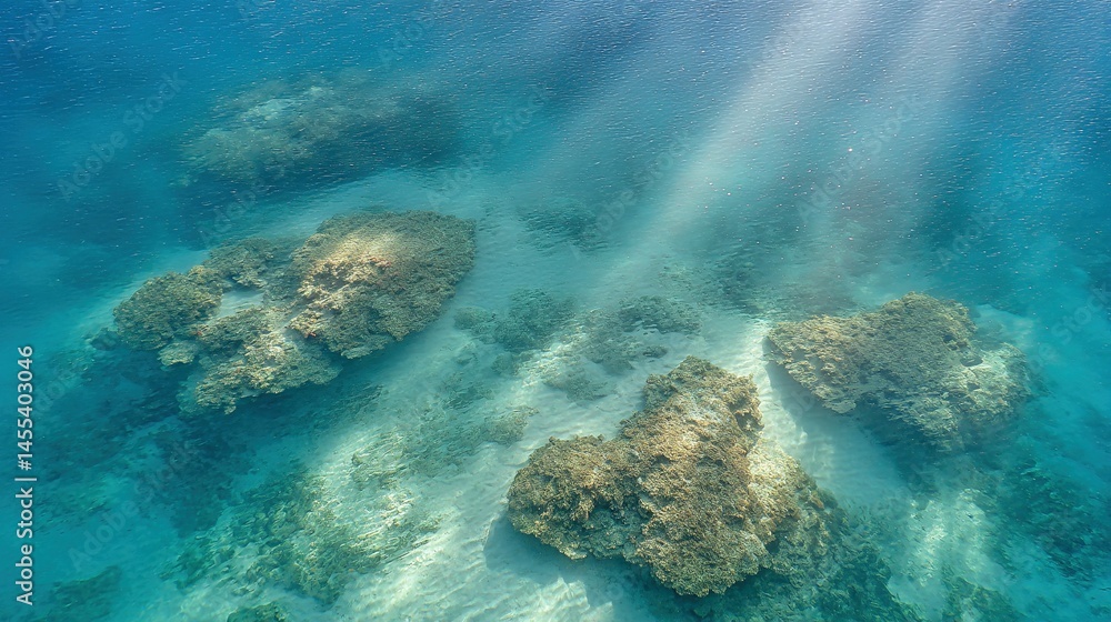Obraz premium Underwater scene of coral formations illuminated by sunlight.