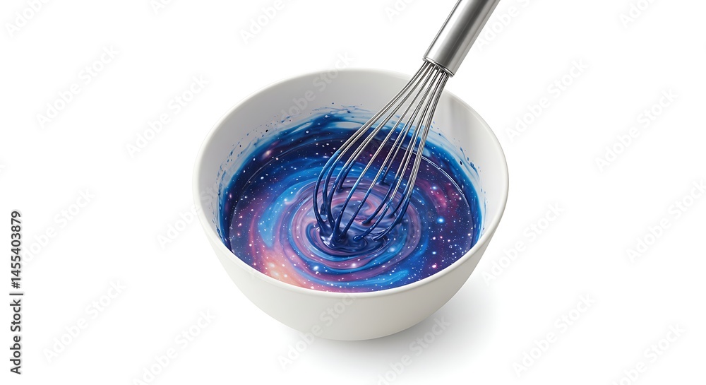 Whisk stirring a galaxy swirl inside a bowl, isolated on white background Whisk stirring a galaxy swirl inside a bowl, isolated on white background