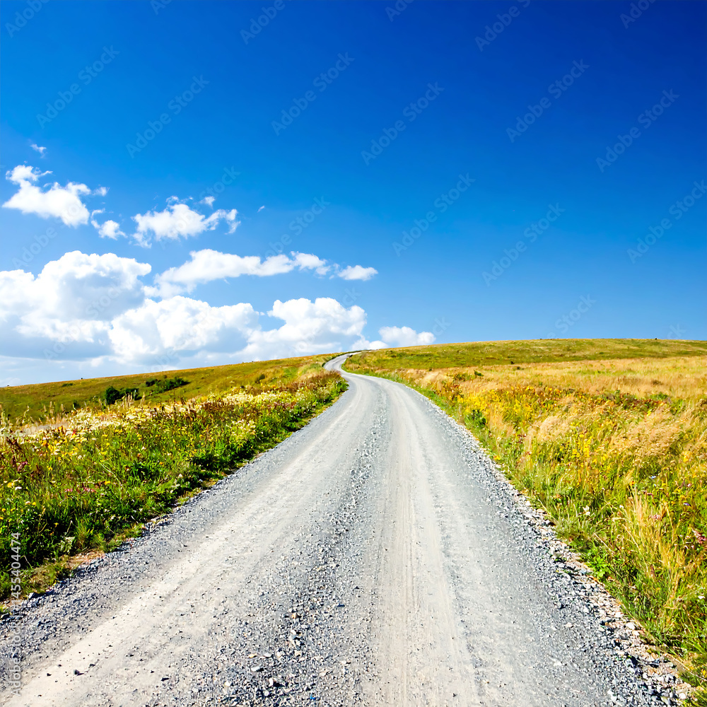 Naklejka premium Serene gravel road leads to a distant horizon under a vibrant blue sky. Ideal for travel, adventure, or personal growth concepts. Nature meets possibility.