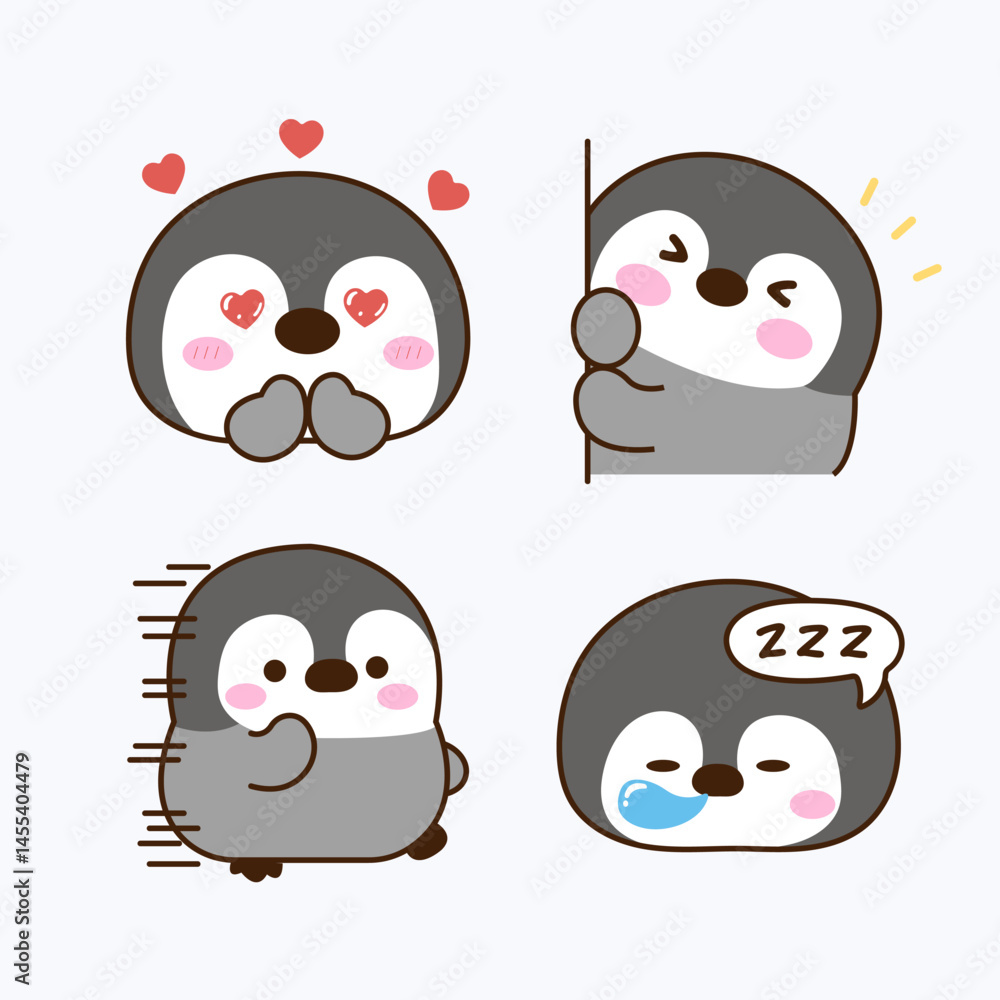 Fototapeta premium Vector cartoon illustration of penguin sticker set Concept Isolated Flat