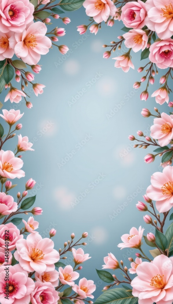 Delicate pink cherry blossoms create a soft floral border around a pastel blue background, perfect for sptime greetings and romantic designs with light bokeh effects. Delicate pink cherry blossoms create a soft floral border around a pastel blue background, perfect for sptime greetings and romantic designs with light bokeh effects.