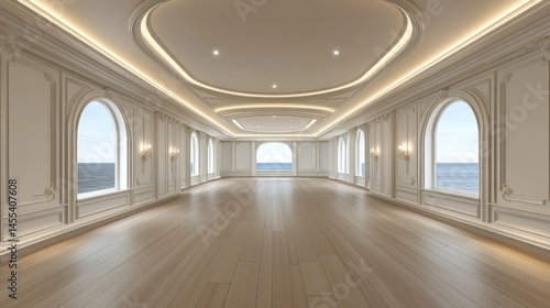 Empty elegant interior with ocean views and crown molding.