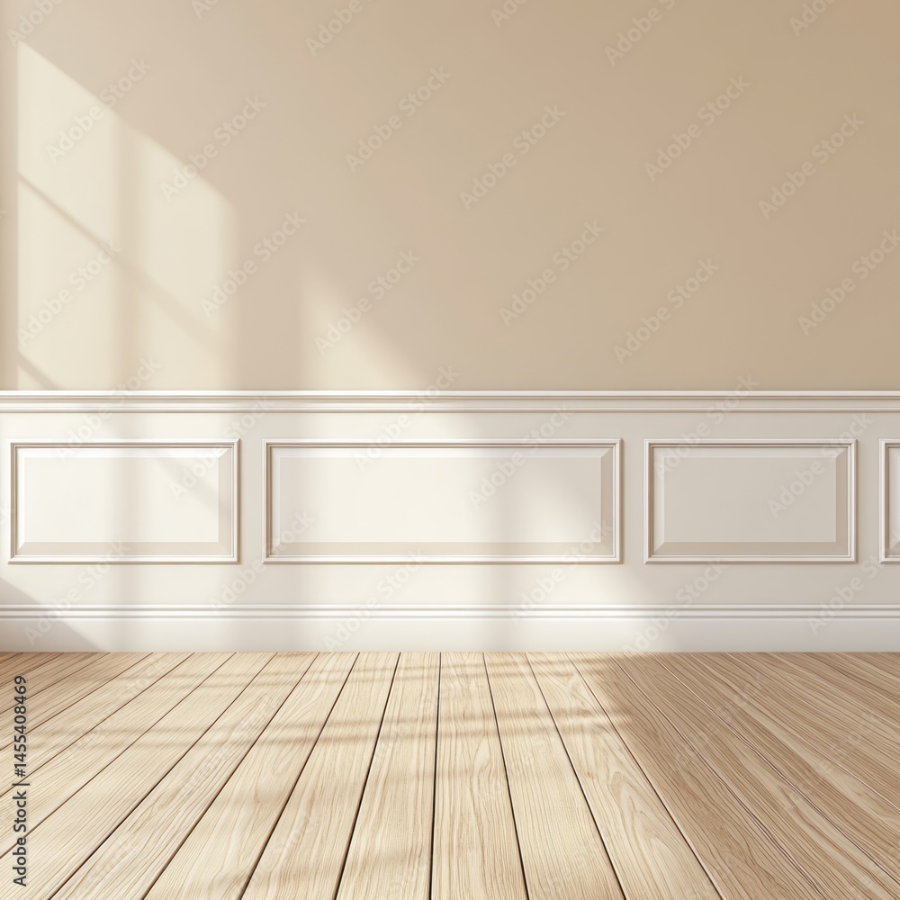Empty, light beige room with decorative paneling and wooden floor. Empty, light beige room with decorative paneling and wooden floor.